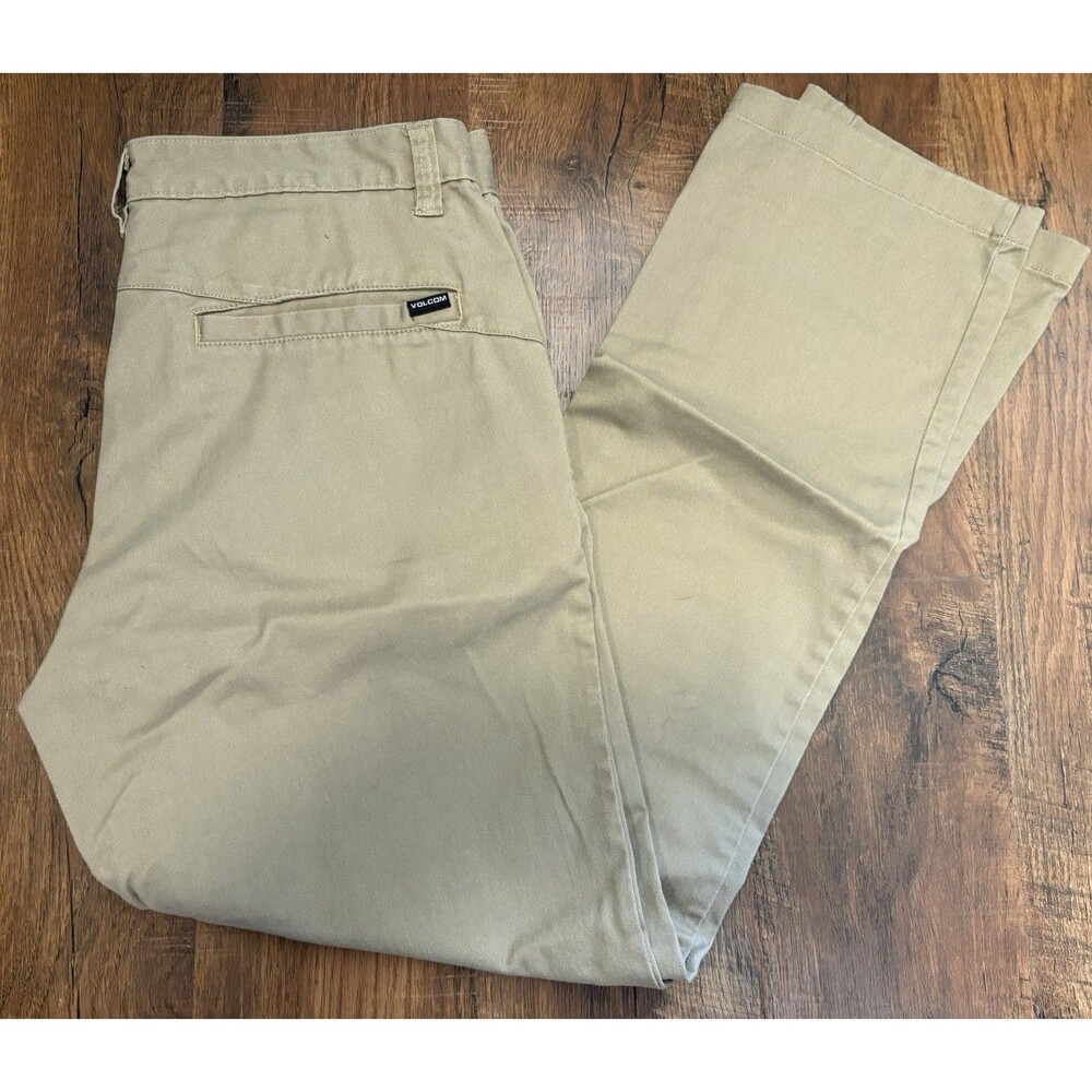Volcom Mens Chino Pants Size 34 Tan Khaki Flat Front Cotton Blend